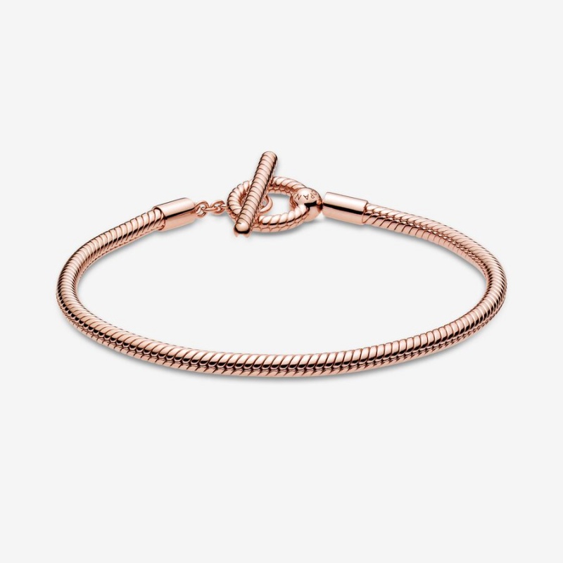 Rose Gold Plated Pandora Moments T-Bar Snake Charm Bracelets | 157-DAFENZ