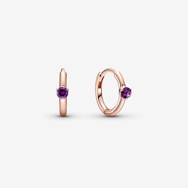 Rose Gold Plated Pandora Purple Solitaire Huggie Hoop Earrings | 241-LEZIXC