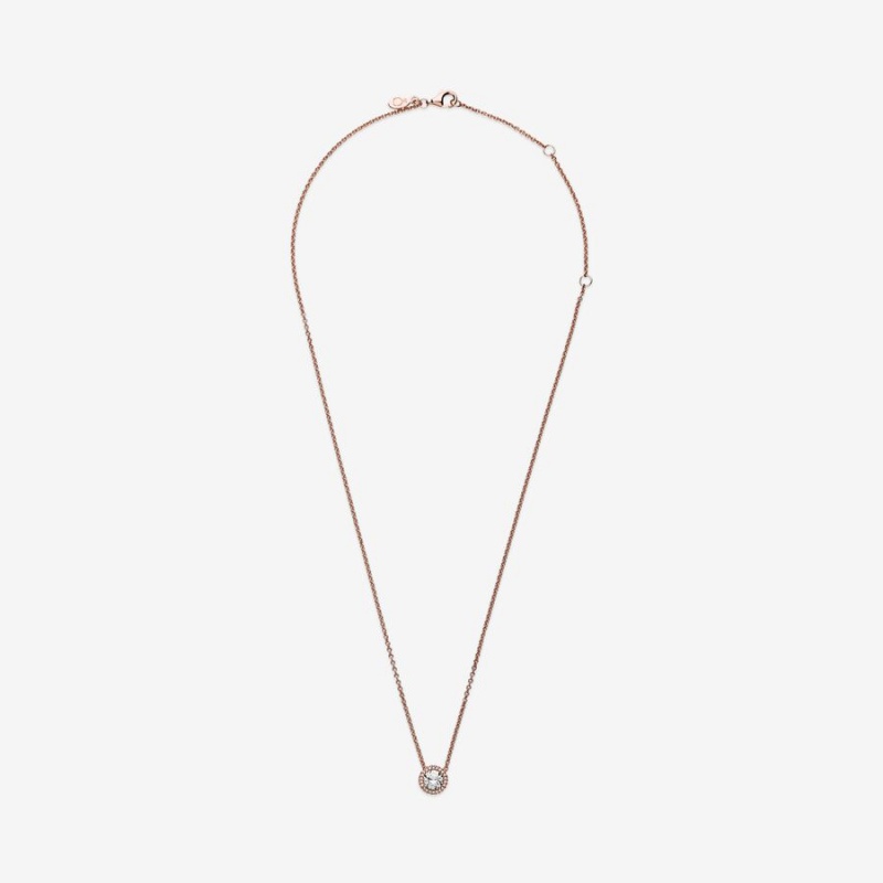 Rose Gold Plated Pandora Round Sparkle Halo Chain Necklaces | 174-PESDFR