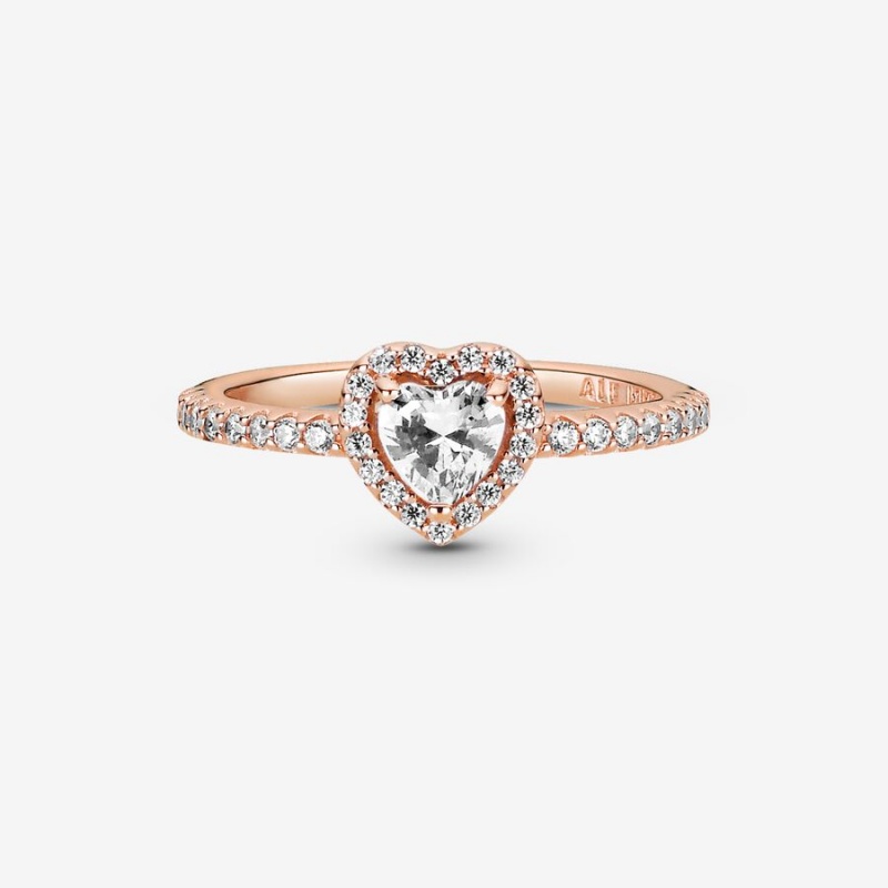 Rose Gold Plated Pandora Sparkling Elevated Halo & Solitaire Rings | 973-IYECGN