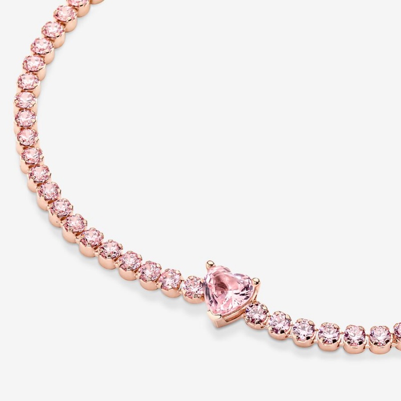 Rose Gold Plated Pandora Sparkling Heart Tennis Non-charm Bracelets | 709-GUFIXO