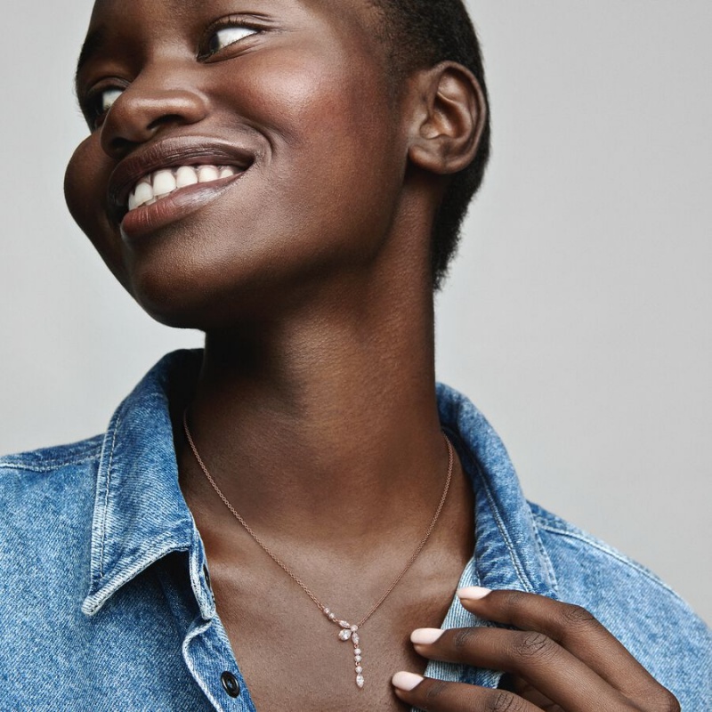 Rose Gold Plated Pandora Sparkling Herbarium Cluster Drop Collier Chain Necklaces | 857-NKJOEI