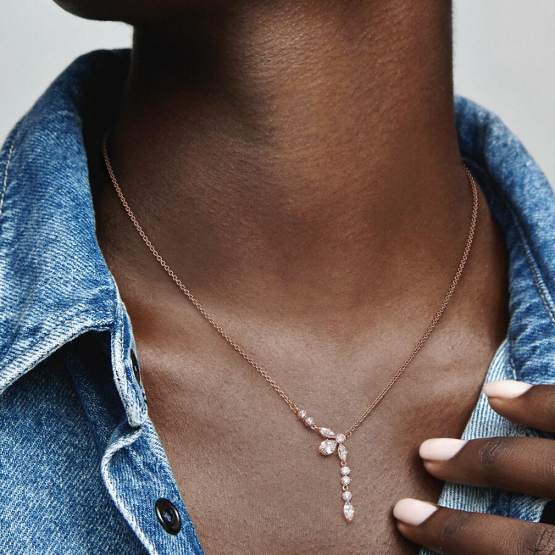 Rose Gold Plated Pandora Sparkling Herbarium Cluster Drop Collier Chain Necklaces | 857-NKJOEI