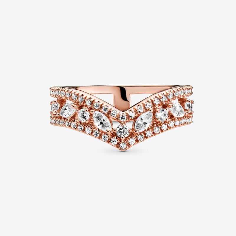 Rose Gold Plated Pandora Sparkling Marquise Double Wishbone Statement Rings | 178-LBRFQU