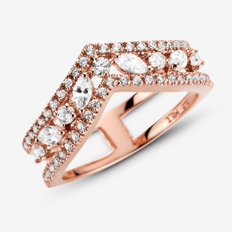 Rose Gold Plated Pandora Sparkling Marquise Double Wishbone Statement Rings | 178-LBRFQU