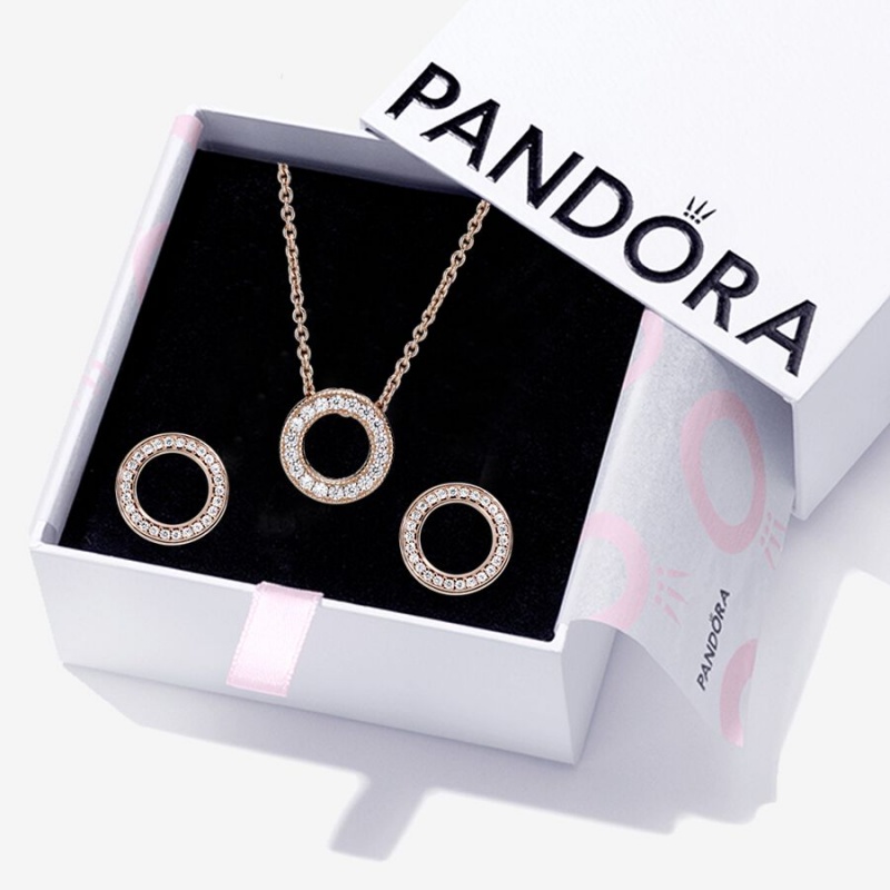 Rose Gold Plated Pandora Sparkling Pave Circle Jewelry Gift Set Necklace & Earring Sets | 720-KZSHOF