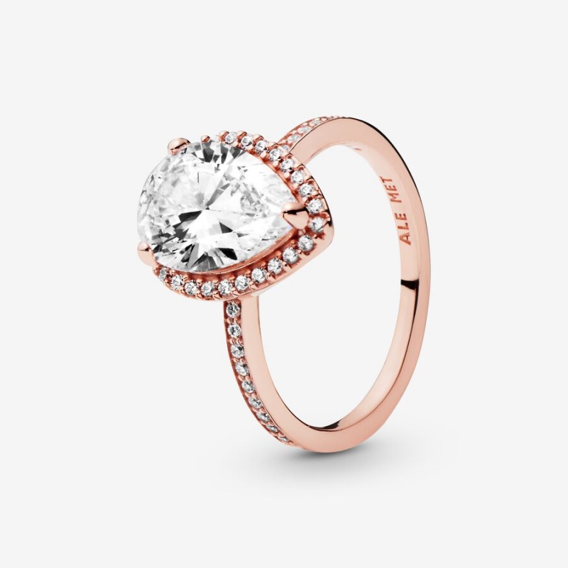 Rose Gold Plated Pandora Sparkling Teardrop Halo Halo & Solitaire Rings | 376-PBORSK