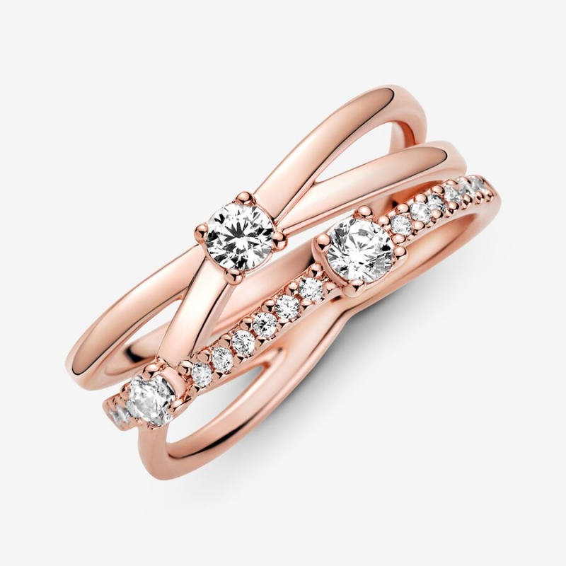 Rose Gold Plated Pandora Sparkling Triple Statement Rings | 015-XEQOHW