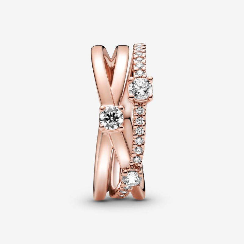 Rose Gold Plated Pandora Sparkling Triple Statement Rings | 015-XEQOHW