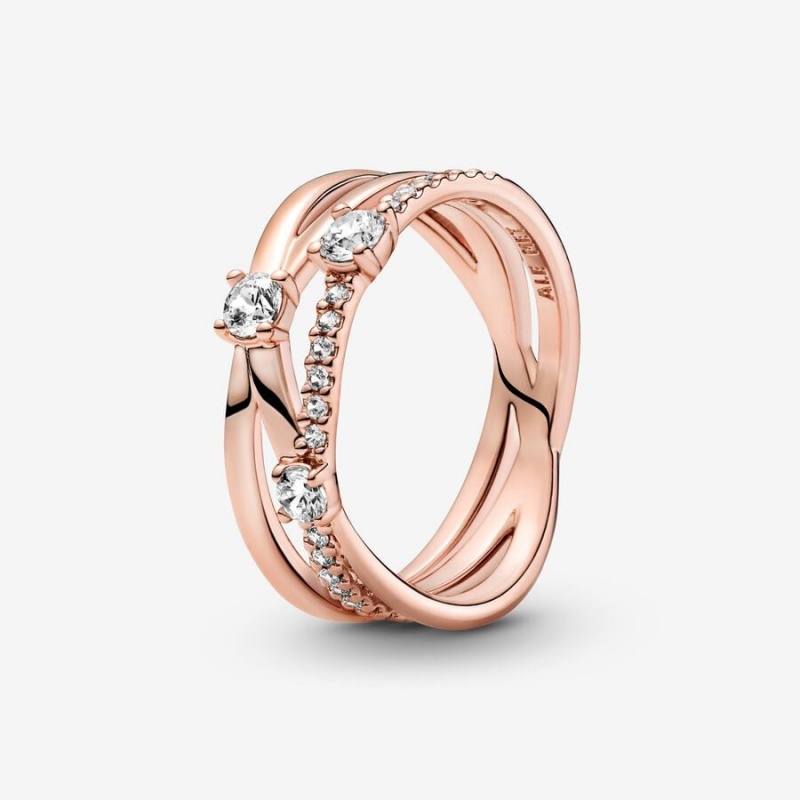 Rose Gold Plated Pandora Sparkling Triple Statement Rings | 015-XEQOHW