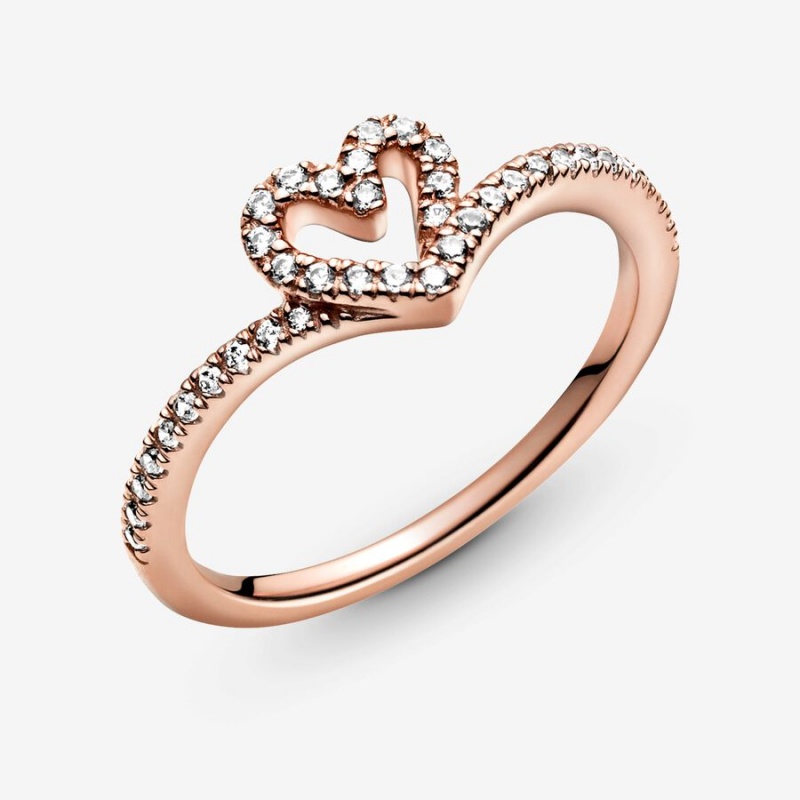 Rose Gold Plated Pandora Sparkling Wishbone Heart & Promise Rings | 492-BTKUCH