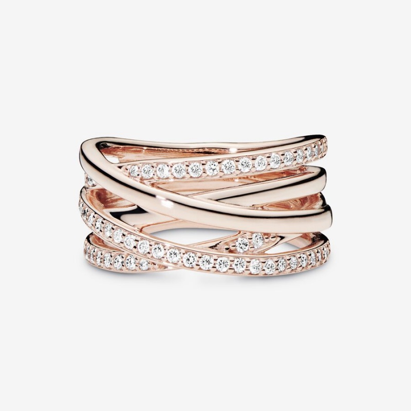 Rose Gold Plated Pandora Sparkling & Polished Lines Band Rings | 203-SWMKDR