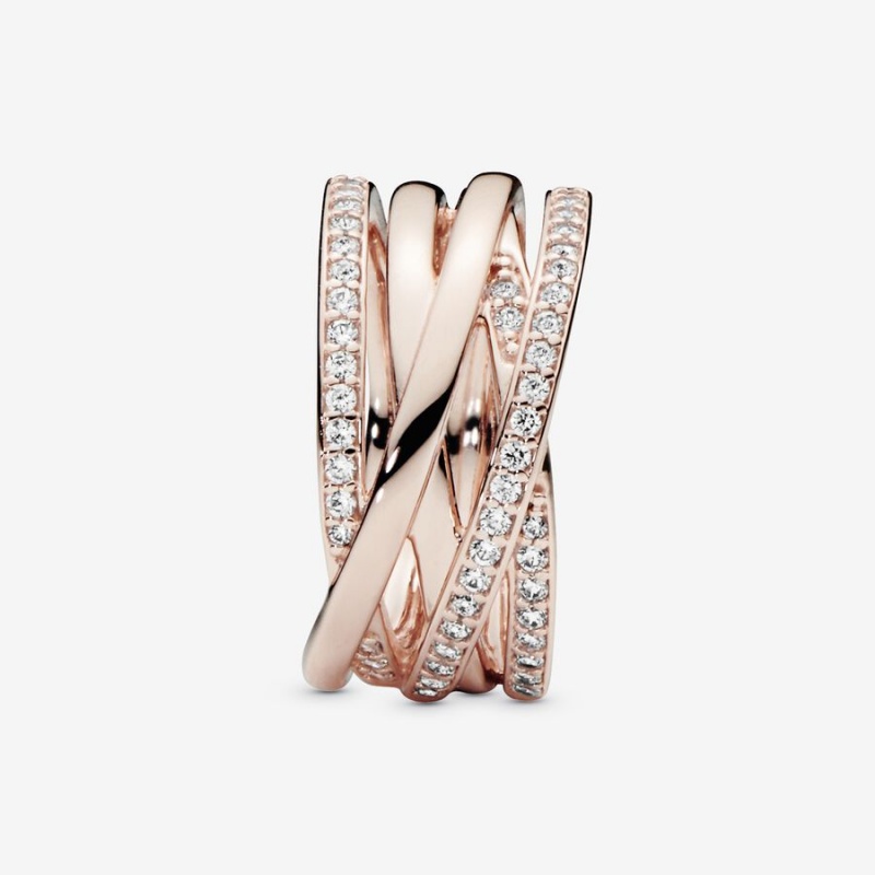 Rose Gold Plated Pandora Sparkling & Polished Lines Band Rings | 203-SWMKDR