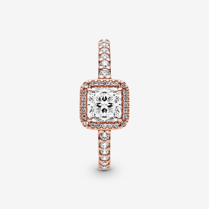 Rose Gold Plated Pandora Square Sparkle Halo Halo & Solitaire Rings | 435-OGHETL