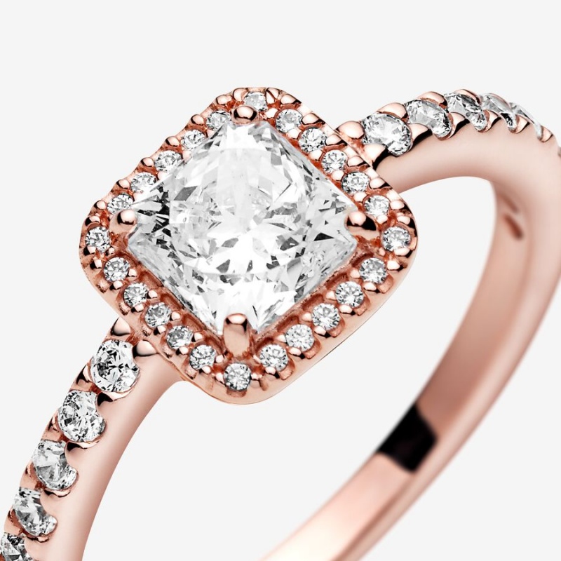 Rose Gold Plated Pandora Square Sparkle Halo Halo & Solitaire Rings | 435-OGHETL