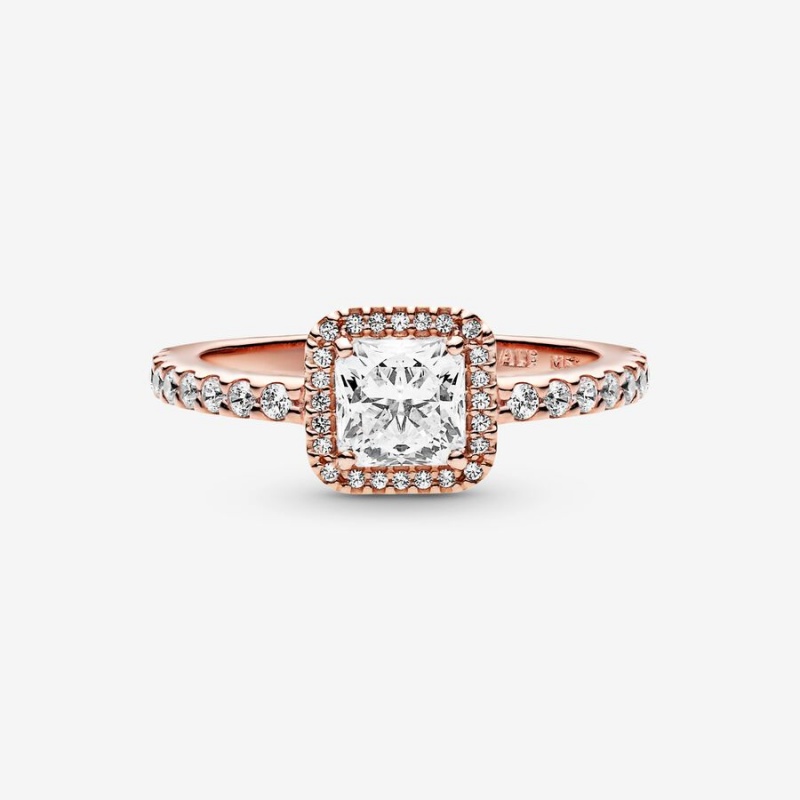 Rose Gold Plated Pandora Square Sparkle Halo Halo & Solitaire Rings | 435-OGHETL