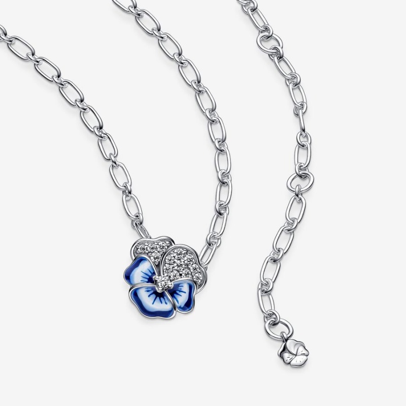 Sterling Silver Pandora Blue Pansy Flower Pendant Necklaces | 250-QHKSBO