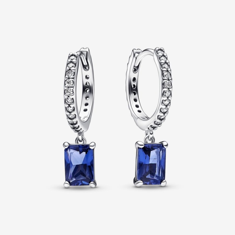 Sterling Silver Pandora Blue Rectangular Sparkling Hoop Earrings | 834-POQTDG