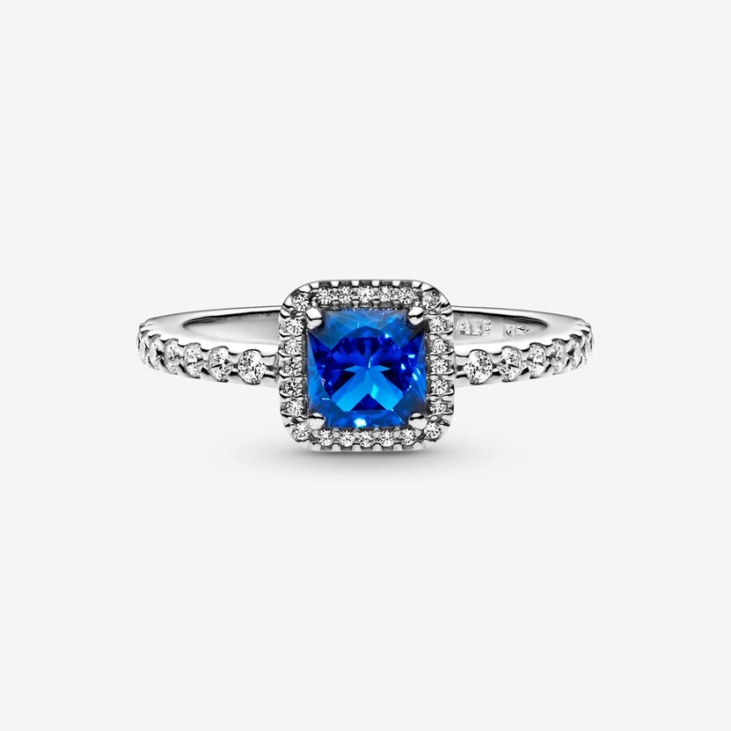 Sterling Silver Pandora Blue Square Sparkle Halo Halo & Solitaire Rings | 358-ITJKVG