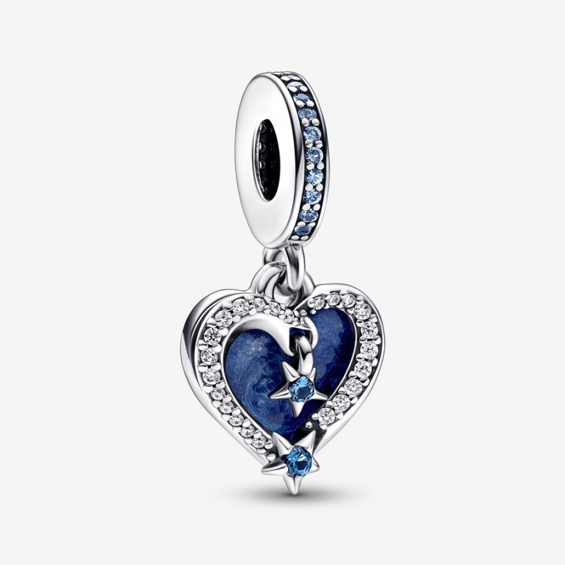 Sterling Silver Pandora Celestial Shooting Star Heart Double Dangle Dangle Charms | 016-ZSMGTI