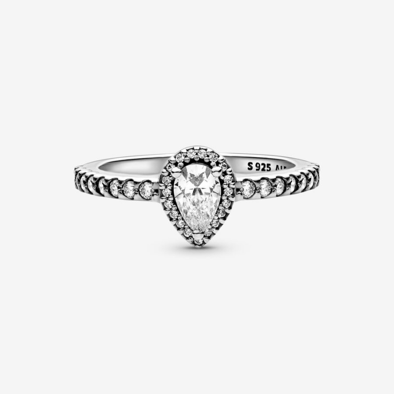 Sterling Silver Pandora Classic Teardrop Halo Halo & Solitaire Rings | 316-ZXAYJW