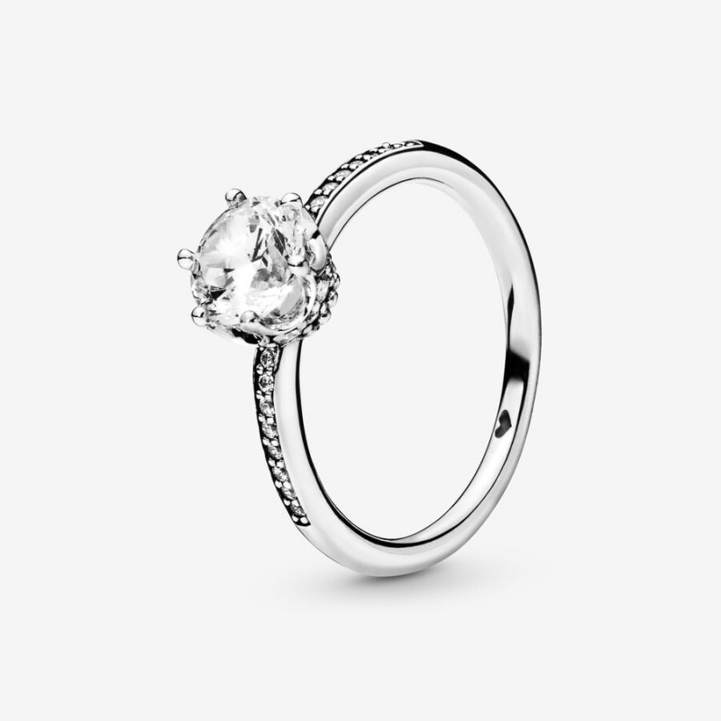 Sterling Silver Pandora Clear Sparkling Crown Solitaire Halo & Solitaire Rings | 435-WXVBED