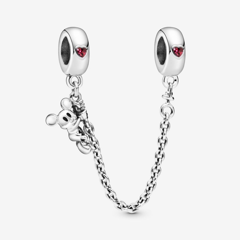 Sterling Silver Pandora Climbing Mickey Safety Red CZ Safety Chains | 247-RJFLQP