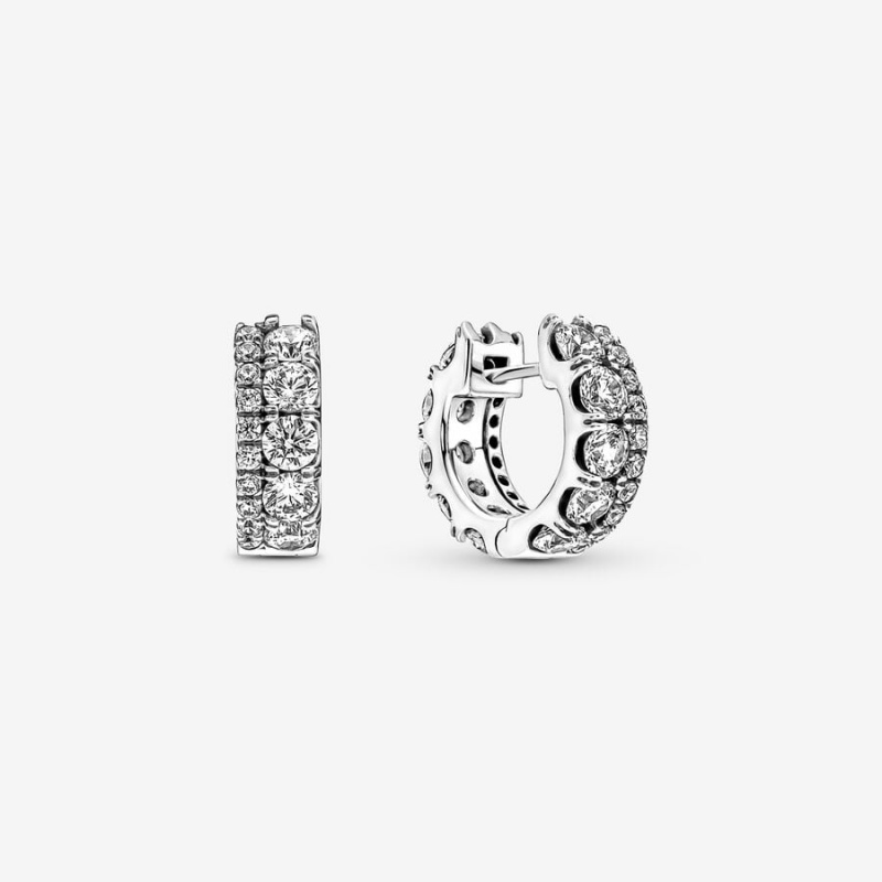 Sterling Silver Pandora Double Band Pavé Hoop Earrings | 462-YDGLVC