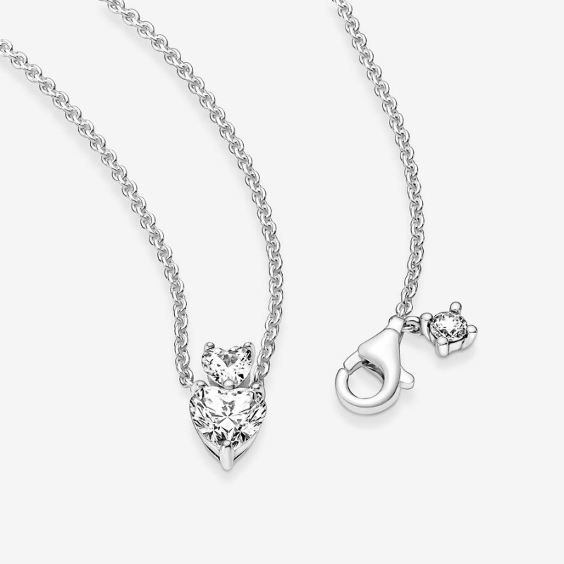 Sterling Silver Pandora Double Heart Sparkling Collier Pendant Necklaces | 081-KNRHTZ