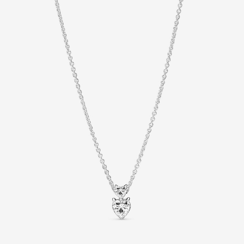 Sterling Silver Pandora Double Heart Sparkling Collier Pendant Necklaces | 081-KNRHTZ