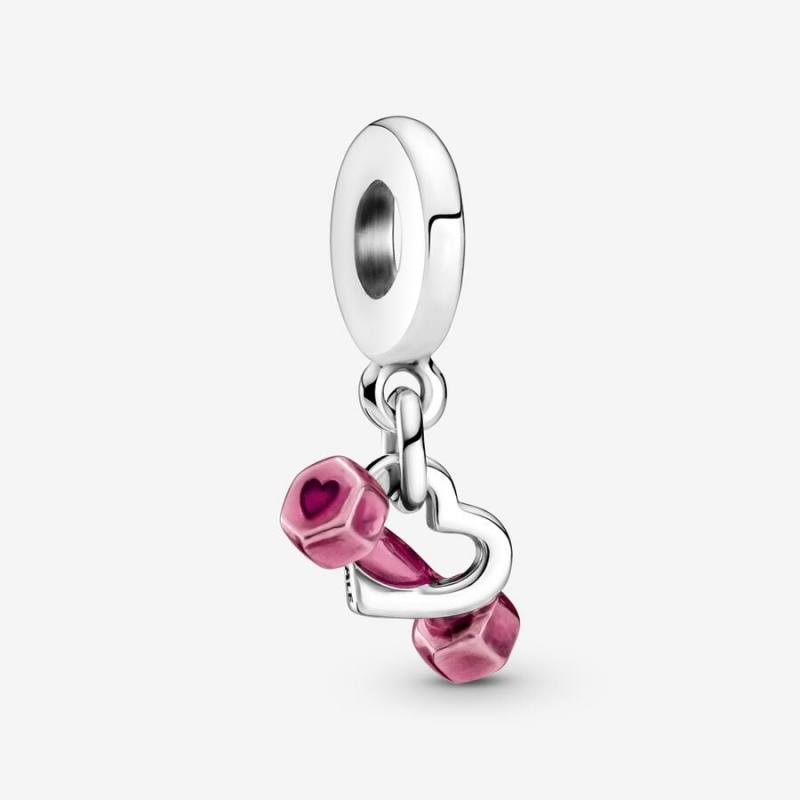 Sterling Silver Pandora Dumbbell & Heart Dangle Dangle Charms | 853-PJNQXW