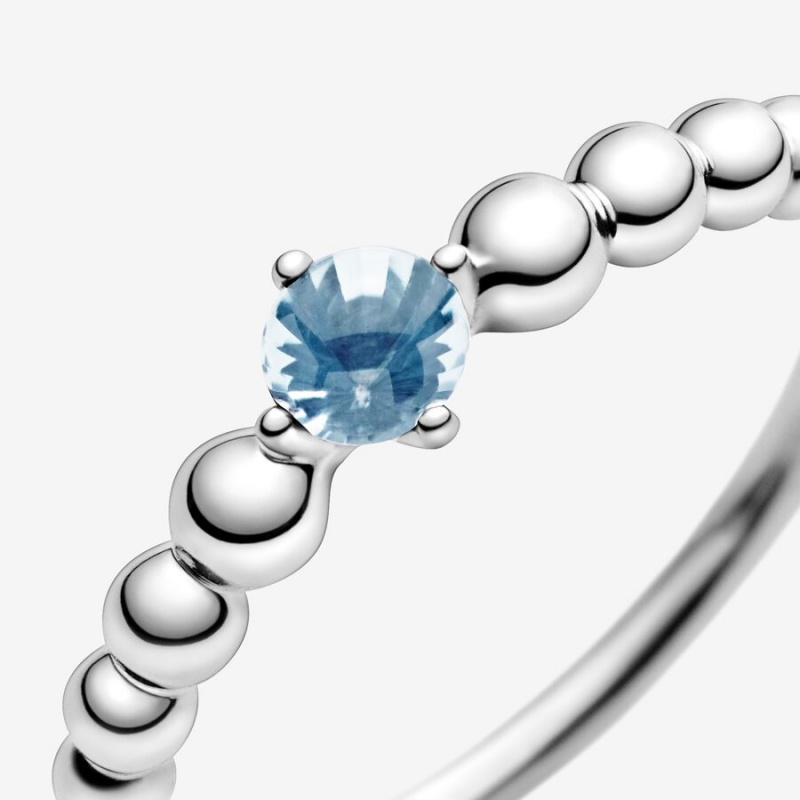 Sterling Silver Pandora March Aqua Blue Beaded Birthstone Rings | 569-HJXIDC