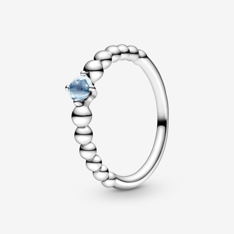 Sterling Silver Pandora March Aqua Blue Beaded Birthstone Rings | 569-HJXIDC