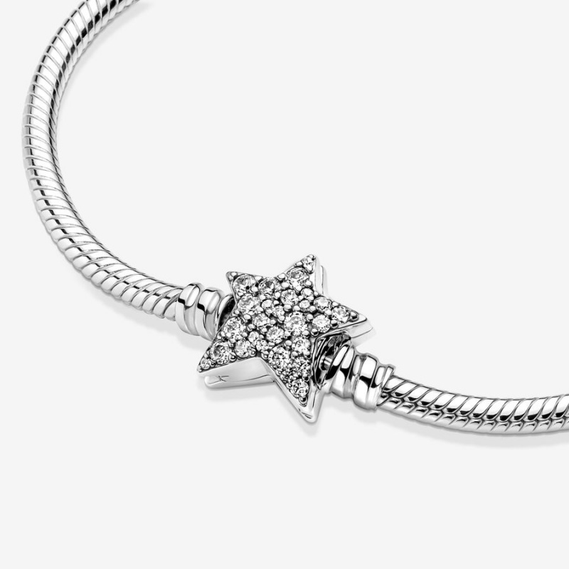 Sterling Silver Pandora Moments Asymmetric Star Clasp Snake Charm Holders | 281-QFUASJ