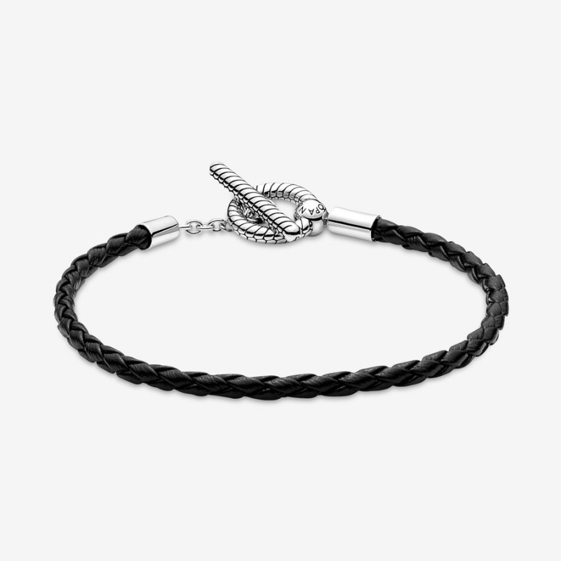 Sterling Silver Pandora Moments Braided Leather T-bar Charm Holders | 476-FNKIGS