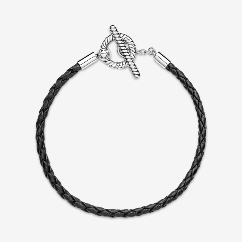 Sterling Silver Pandora Moments Braided Leather T-bar Charm Holders | 476-FNKIGS