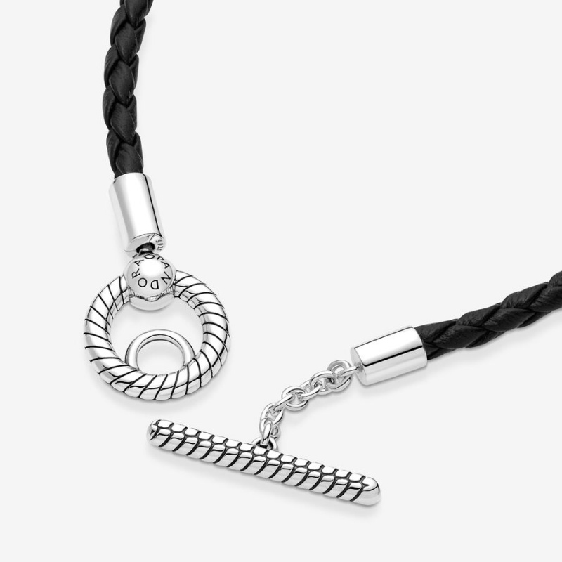 Sterling Silver Pandora Moments Braided Leather T-bar Charm Holders | 476-FNKIGS