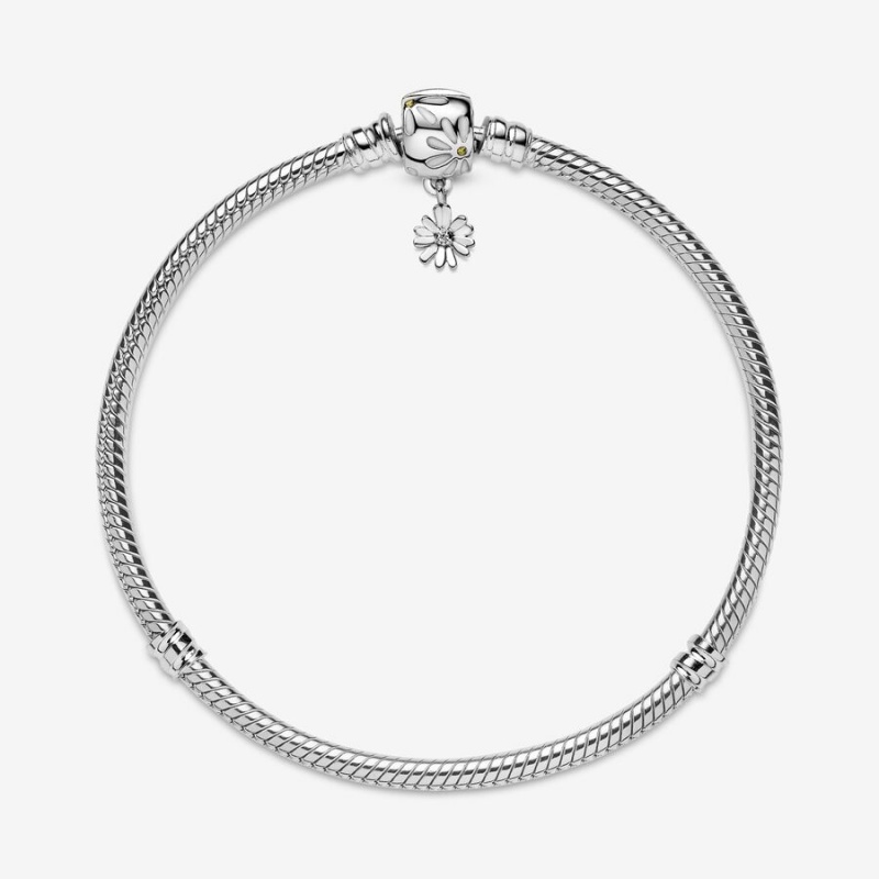 Sterling Silver Pandora Moments Daisy Flower Clasp Snake Charm Bracelets | 460-DIUPYV