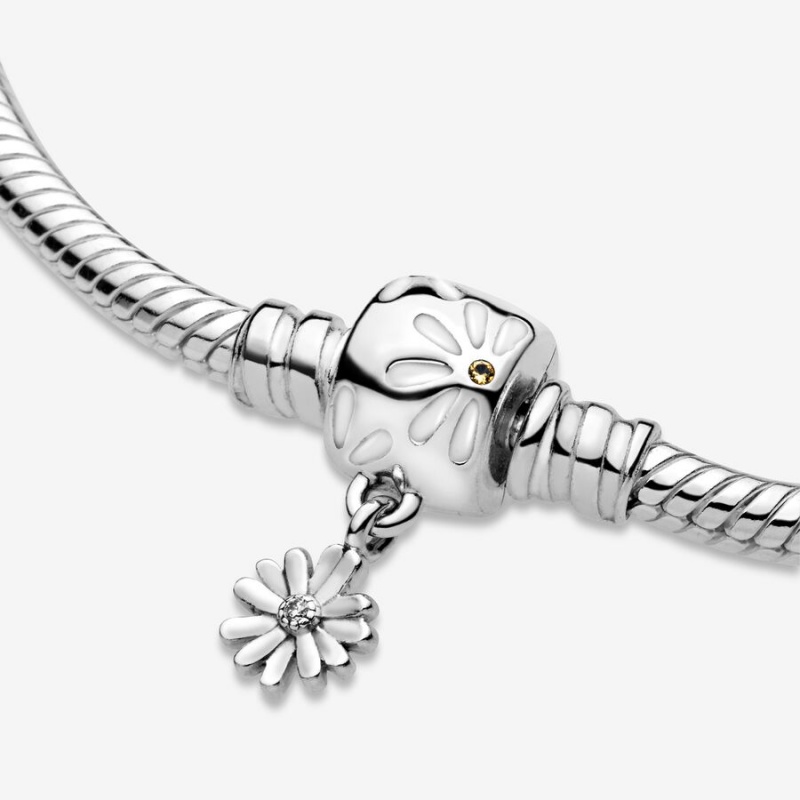 Sterling Silver Pandora Moments Daisy Flower Clasp Snake Charm Bracelets | 460-DIUPYV