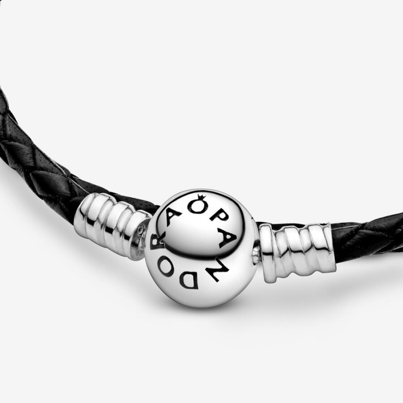 Sterling Silver Pandora Moments Double Black Leather Charm Bracelets | 612-VNLFEP