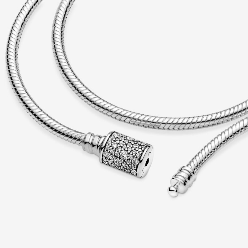 Sterling Silver Pandora Moments Double Wrap Barrel Clasp Snake/Necklace Chain Bracelets | 389-MSFEJN