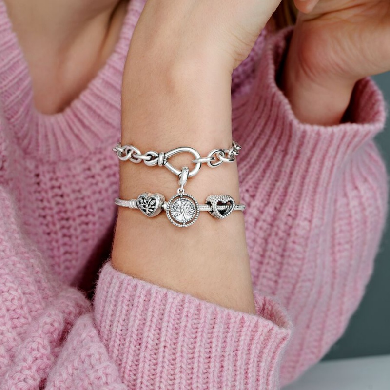 Sterling Silver Pandora Moments Family Tree Heart Clasp Snake Charm Bracelets | 249-VGJOKF