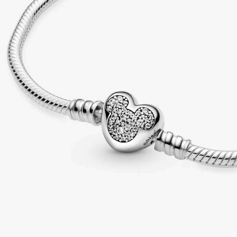 Sterling Silver Pandora Moments Mickey Mouse Heart Clasp Snake Chain Bracelets | 693-CGHIBL