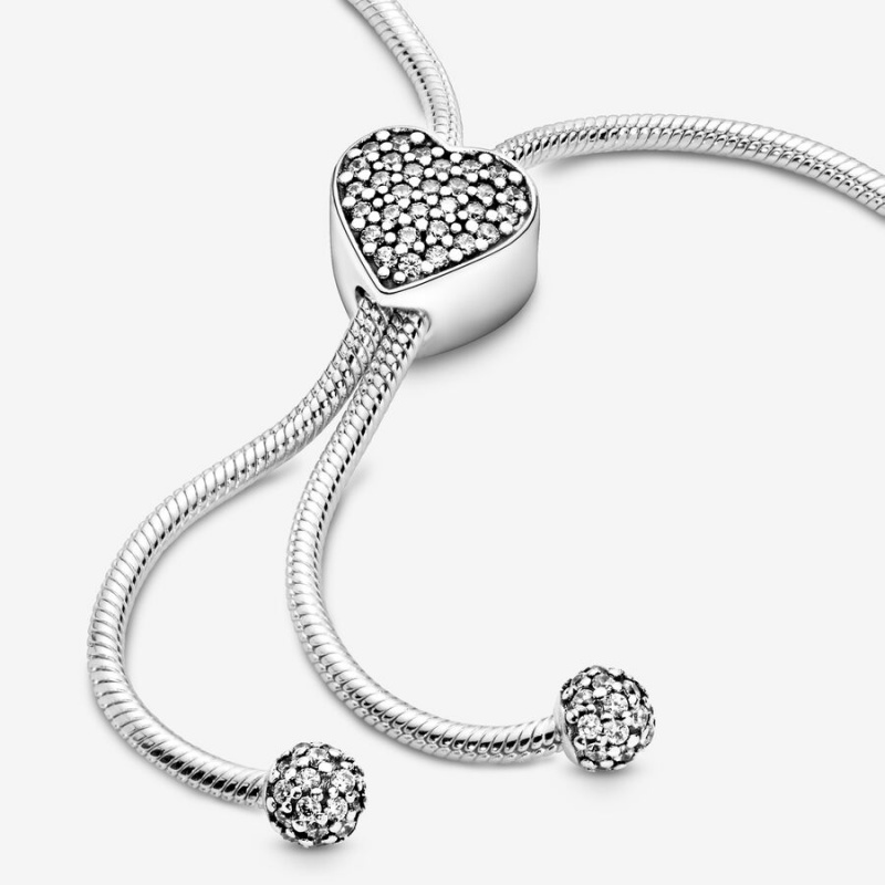 Sterling Silver Pandora Moments Pavé Heart Clasp Snake Slider Sliding Bracelets | 984-GNIUDZ