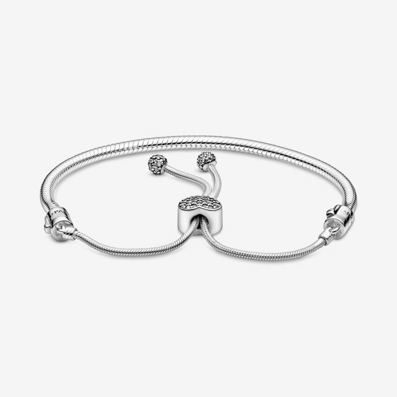 Sterling Silver Pandora Moments Pavé Heart Clasp Snake Slider Sliding Bracelets | 984-GNIUDZ