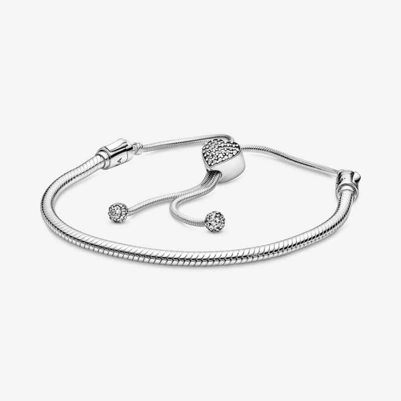 Sterling Silver Pandora Moments Pavé Heart Clasp Snake Slider Sliding Bracelets | 984-GNIUDZ