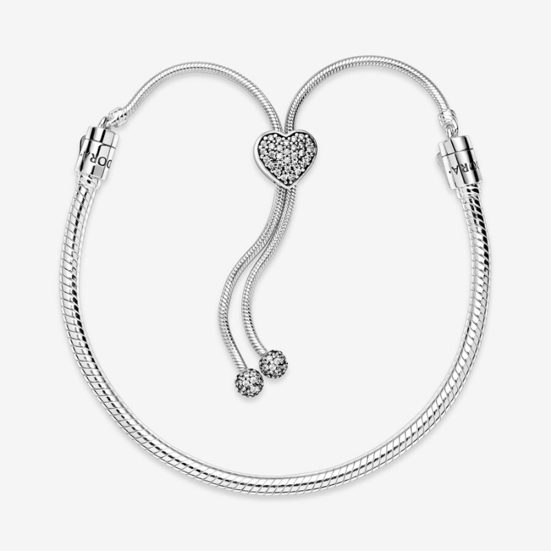 Sterling Silver Pandora Moments Pavé Heart Clasp Snake Slider Charm Holders | 543-MNZDVO