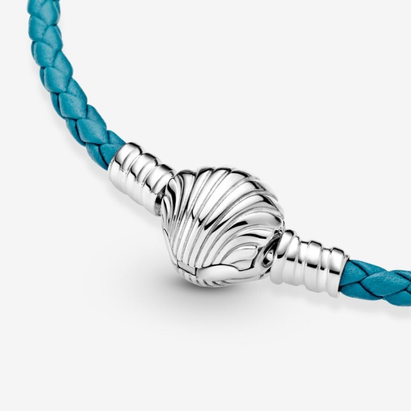 Sterling Silver Pandora Moments Seashell Clasp Turquoise Braided Leather Charm Holders | 973-VTILAK