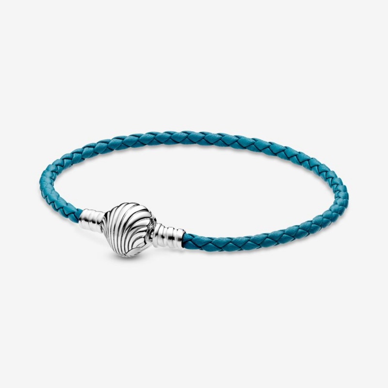 Sterling Silver Pandora Moments Seashell Clasp Turquoise Braided Leather Charm Holders | 973-VTILAK