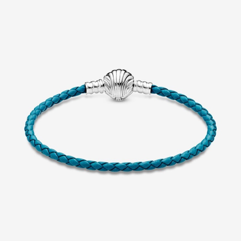 Sterling Silver Pandora Moments Seashell Clasp Turquoise Braided Leather Bracelets | 405-OWTNGK